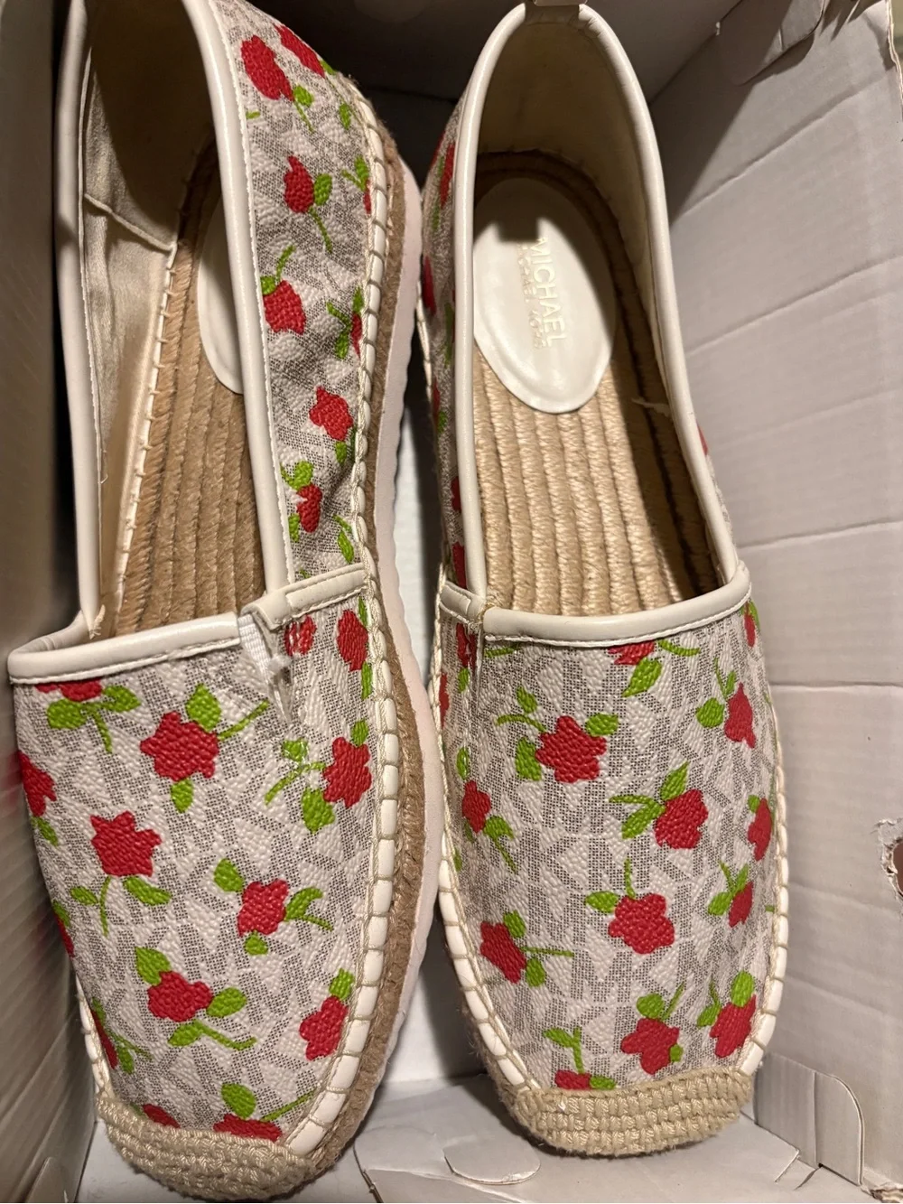 Michael Kors Cream Espadrille Flats with Red Rose Print
